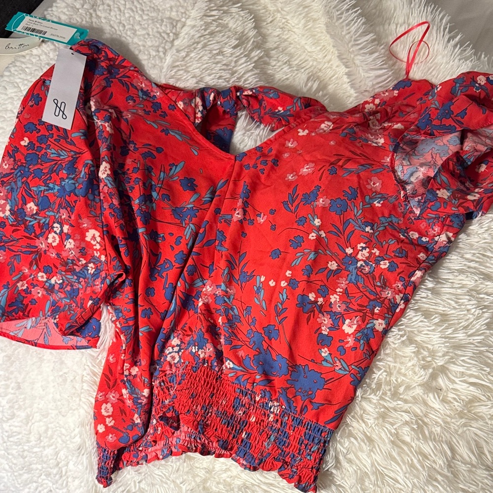 Nine Britton Red and Blue Floral Blouse